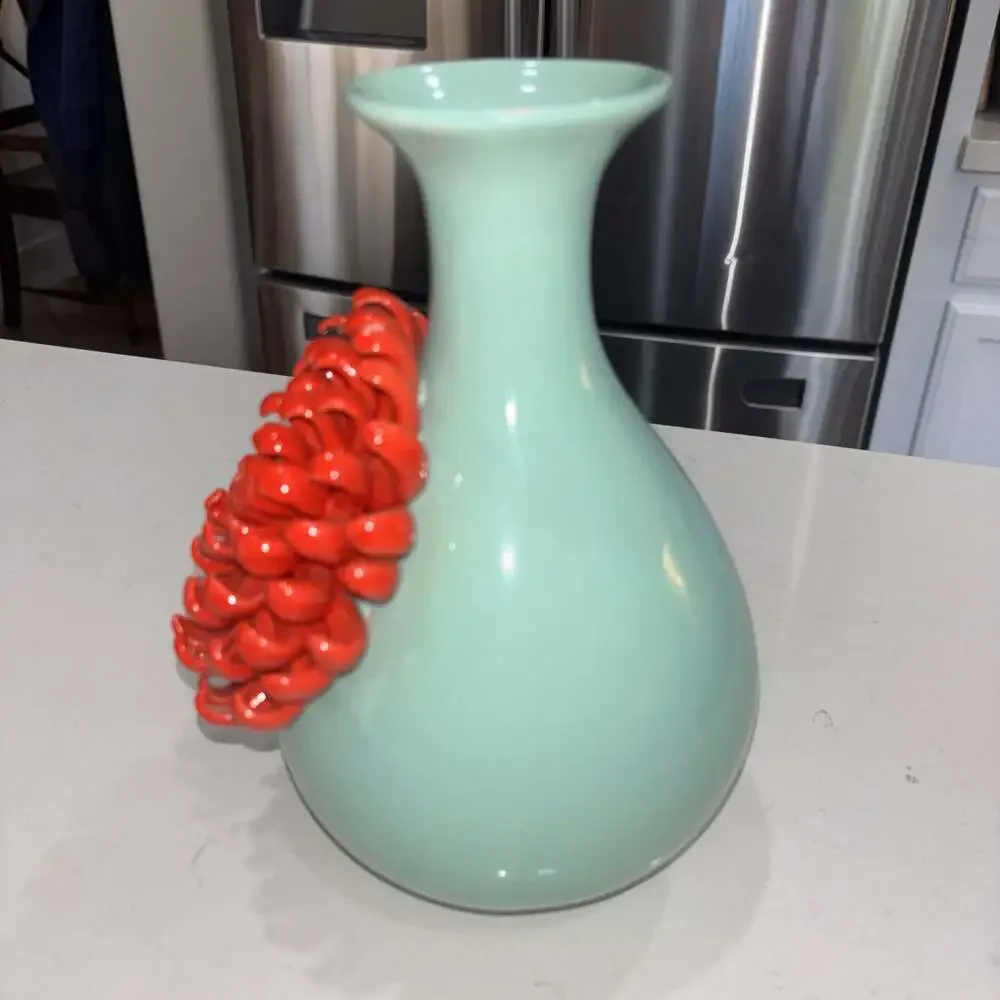 Anthropologie Celadon Blue Ceramic Vase with 3D Red Chrysanthemum Flower
